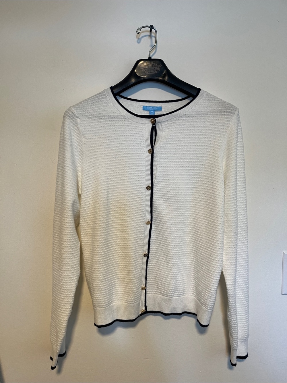 Draper James White Knit Cardigan with navy blue trim